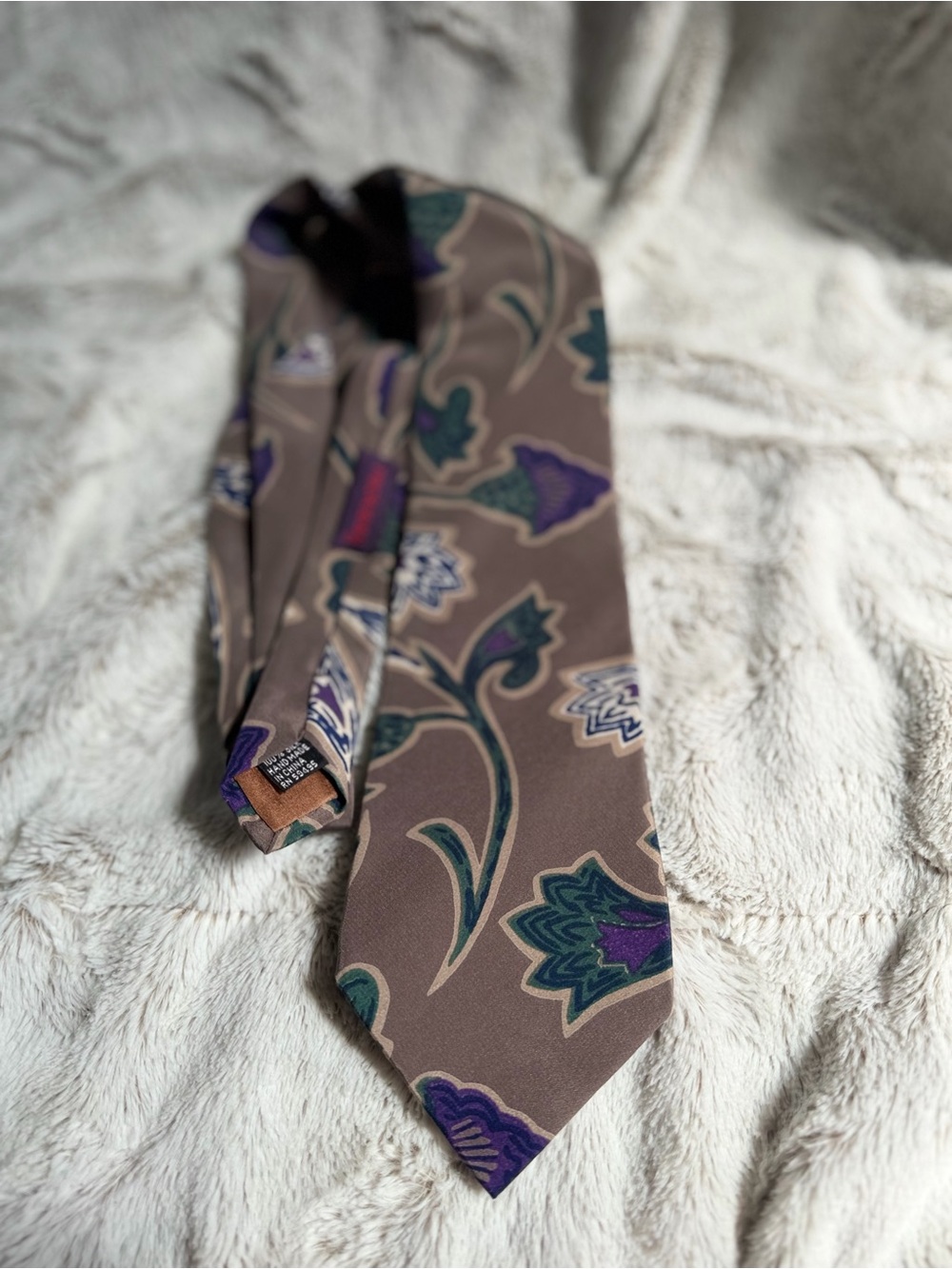 Brown Floral-Print Silk Tie with Purple & Teal Accents